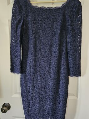 Adrianna Papell Navy Lace Sheath Dress with Three-Quarter Sleeves